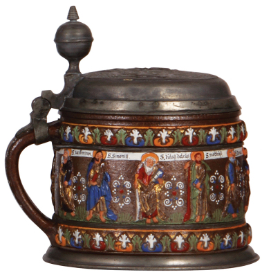 Creussen tankard, 7.8" ht., 6.4" d., stoneware, relief, hand-painted, Apostles, 1800s, pewter lid has a relief medallion, touch marks with 1690 date, pewter footring and two belly bands, the medallion has wear, a very nice quality copy of an original Creu - 4