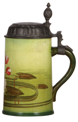 Mettlach stein, .5L, 5013, hand-painted, Art Nouveau, pewter lid, very good repair of a small chip. - 2