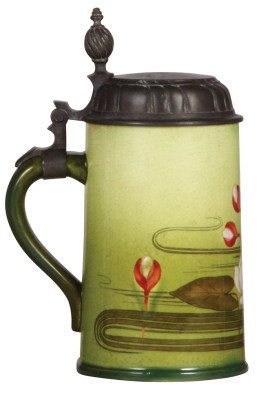 Mettlach stein, .5L, 5013, hand-painted, Art Nouveau, pewter lid, very good repair of a small chip. - 3