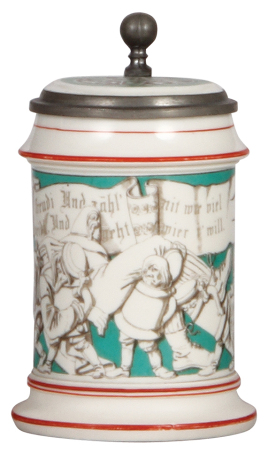 Mettlach stein, .5L, 728, parian ware, inlaid lid, very good pewter repair, thumblift reattached, body mint.