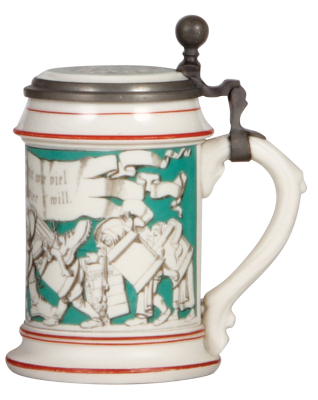 Mettlach stein, .5L, 728, parian ware, inlaid lid, very good pewter repair, thumblift reattached, body mint. - 2