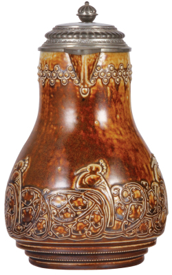 Stoneware stein, 2.0L, relief, marked 1625, brown saltglaze, Art Nouveau, pewter lid, mint.