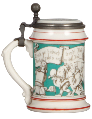 Mettlach stein, .5L, 728, parian ware, inlaid lid, very good pewter repair, thumblift reattached, body mint. - 3