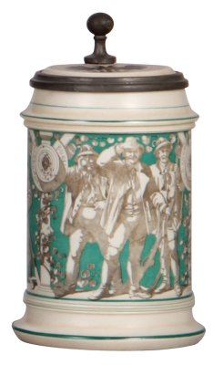 Mettlach stein, .5L, parian ware, Schützen scene, inlaid lid: Deutsches Schützenfest zu Frankfurt a.M., July 1862, pewter tear, otherwise mint.