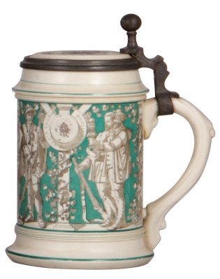 Mettlach stein, .5L, parian ware, Schützen scene, inlaid lid: Deutsches Schützenfest zu Frankfurt a.M., July 1862, pewter tear, otherwise mint. - 2