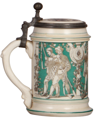 Mettlach stein, .5L, parian ware, Schützen scene, inlaid lid: Deutsches Schützenfest zu Frankfurt a.M., July 1862, pewter tear, otherwise mint. - 3