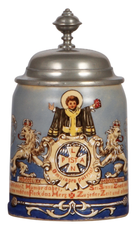 Mettlach stein, .5L, 1526, hand-painted, Munich Child, pewter lid, mint.