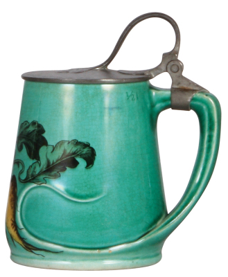 Mettlach stein, .5L, 2685 [179], relief & PUG, designed by Richard Riemerschmid, Art Nouveau, pewter lid, two small nicks on side. - 2