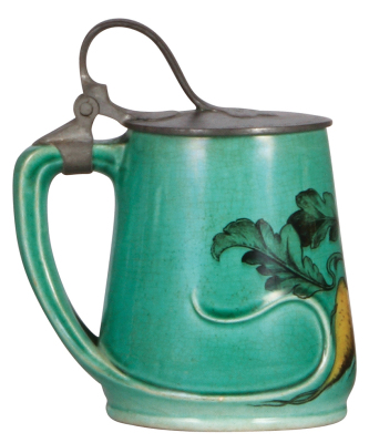 Mettlach stein, .5L, 2685 [179], relief & PUG, designed by Richard Riemerschmid, Art Nouveau, pewter lid, two small nicks on side. - 3