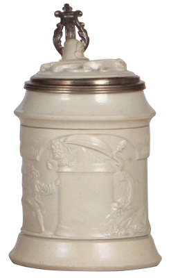 Mettlach stein, .5L, 328, relief, early ware, inlaid lid, pewter polished, otherwise mint.