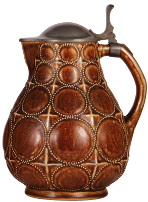 Stoneware stein, 11.0'' ht., relief, marked 2179, made by R. Merkelbach, designed by Paul Wynand, brown saltglaze, Art Nouveau, pewter lid, mint.