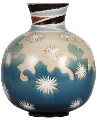 Mettlach vase, 13.5" ht., 2539, hand-engraved, glazed, Art Nouveau, rare, very good repair of two small upper rim chips.  - 3