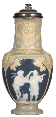 Mettlach stein, 1.5L, 2607, cameo, by Stahl, inlaid lid, mint.