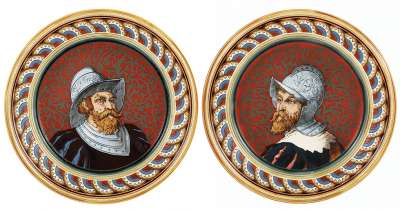 Pair Mettlach plaques, 10.7'' d., 1387 & 1388, etched, 1387 is mint, 1388 has flake repair.  