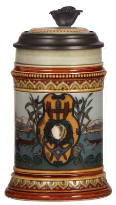 Mettlach stein, .5L, 1519, etched, inlaid lid, mint.