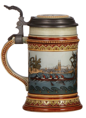 Mettlach stein, .5L, 1519, etched, inlaid lid, mint. - 3