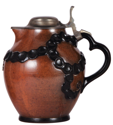 Stoneware stein, 10.5'' ht., unmarked, model number 3054, made by Reinhold Merkelbach, designed by Ludwig Leybold, pewter lid repaired, body mint.