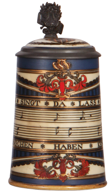 Mettlach stein, .5L, 2097, etched, by Otto Hupp, inlaid lid, mint.