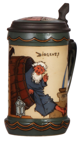 Mettlach stein, .5L, 3089, etched, by H. Schlitt, inlaid lid, mint.