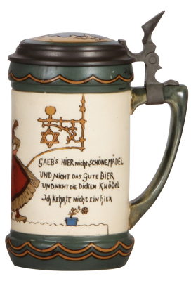 Mettlach stein, .5L, 3090, etched, by H. Schlitt, inlaid lid, mint. - 2