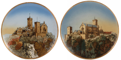 Pair Mettlach plaques, 17.5" d., 2361A & 2361B, Wartburg Castle, etched, plaque A has some gold rim wear, otherwise mint.