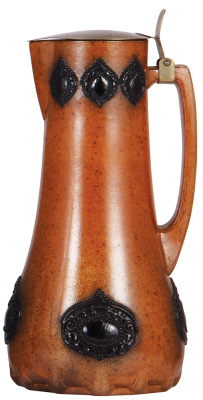 Stoneware stein, 13.0'' ht., relief, marked 2092, made by R. Merkelbach, designed by Paul Wynand, brown & black saltglazes, Art Nouveau, metal lid, mint.