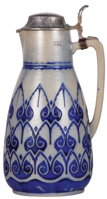 Stoneware stein, 2.5L, 12.5'' ht., relief, marked 238, blue saltglaze, Art Nouveau, pewter lid, pewter strap repaired, mint.