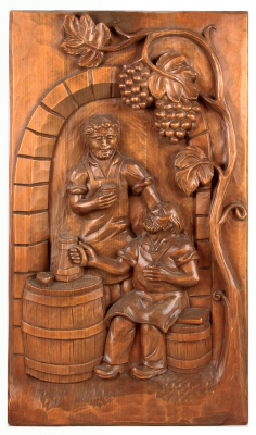 Black Forest wood carved wall plaque, 27.2" x 15.7", late 1900s, made in Germany, linden wood, men drinking at barrel, designed to hangÊon wall, good quality and condition.