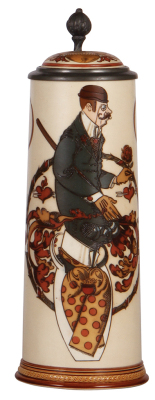 Mettlach stein, 2.0L, 13.2" ht., 2096, etched, inlaid lid, mint.