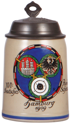 Stoneware stein, .5L, transfer & hand-painted, XVI. Deutsches Bundesschiessen, Hamburg, 1909, relief pewter lid: Rathaus, mint.