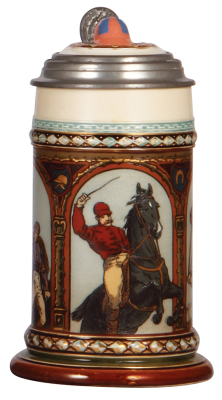 Mettlach stein, .5L, 1733, etched, The Jockey Stein, by C. Warth, inlaid lid, mint.