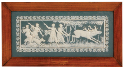 Mettlach plaque, 11.2" x 5.2", wood frame 12.9" x 7.0", phanolith, hunting scene with Diana, signed Stahl, unmarked Probe Prototype, very rare, only known example, mint.