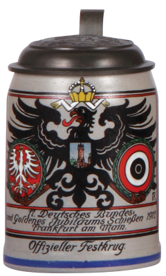 Stoneware stein, .5L, transfer & hand-painted, by F. Ringer, 17. Deutsches Bundes und Goldenes JubilŠums Schiessen Frankfurt a./M. 1912, pewter lid: Frankfurt, mint.