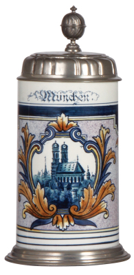 Mettlach stein, 1.0L, 5013, Faience, München, pewter lid, chip repaired on top rim, color change inside.