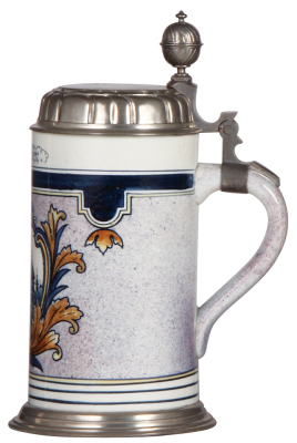 Mettlach stein, 1.0L, 5013, Faience, München, pewter lid, chip repaired on top rim, color change inside. - 2