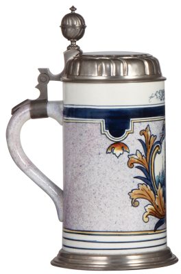 Mettlach stein, 1.0L, 5013, Faience, München, pewter lid, chip repaired on top rim, color change inside. - 3