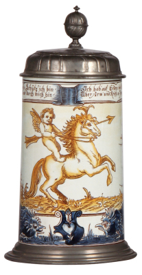 Mettlach stein, 1.0L, 5028, Faience, Cupid, pewter lid, mint.