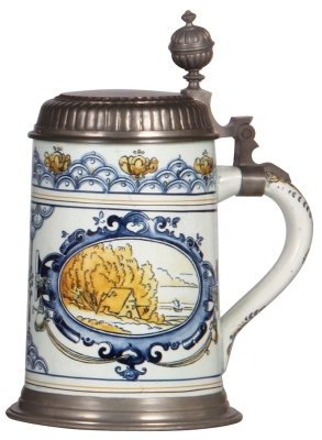 Mettlach stein, 1.0L, 5022, Faience, pewter lid, three tiny flakes on top rim, otherwise mint.
