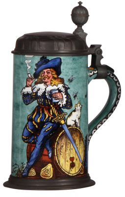 Mettlach stein, 1.0L, 5442, Faience, pewter lid, mint.