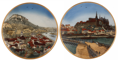 Pair Mettlach plaques, 17.5" d., 2517 & 2518, etched, Königstein & Meissen, mint.