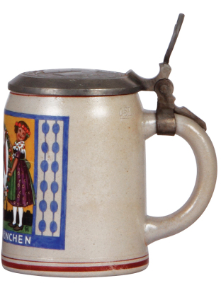 Stoneware stein, .5L, transfer & hand-painted, Hoch lebe MŸnchen, signed F. Ringer, relief pewter lid, excellent pewter strap repair, body mint. - 2