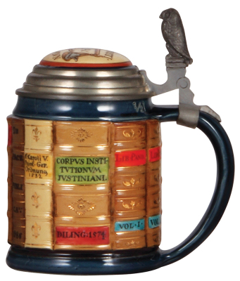 Mettlach stein, .5L, 2001A, glazed relief, Book stein for Law, inlaid lid, mint. - 2