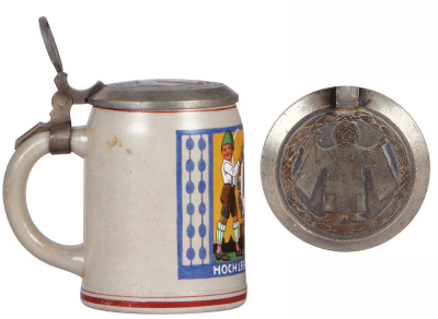 Stoneware stein, .5L, transfer & hand-painted, Hoch lebe MŸnchen, signed F. Ringer, relief pewter lid, excellent pewter strap repair, body mint. - 3