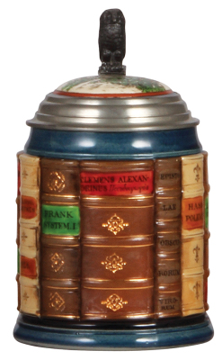 Mettlach stein, .5L, 2001I, glazed relief, Book stein for Theology, inlaid lid, mint.