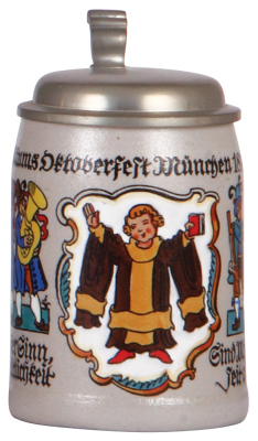 Stoneware stein, .5L, transfer & hand-painted, JubilŠums Oktoberfest MŸnchen 1810 - 1935, by P. Neu, pewter lid, mint.