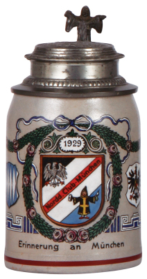 Stoneware stein, .5L, transfer & hand-painted, marked Marzi & Remy, Nordd. Club München, 1929, relief pewter lid: Munich scene, mint.