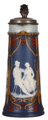 Mettlach stein, 2.3L, 14.8" ht., 2761, cameo, inlaid lid, mint.