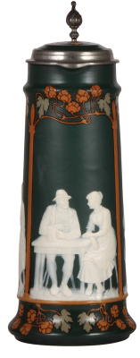 Mettlach stein, 2.3L, 14.5" ht., 2773, cameo, inlaid lid, mint.