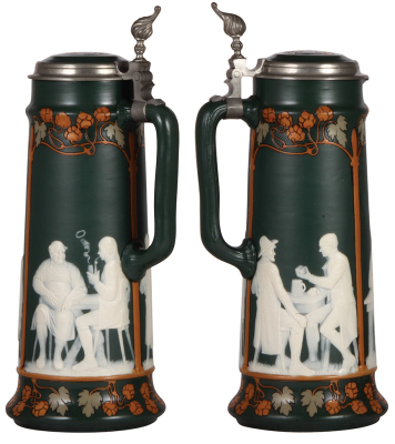 Mettlach stein, 2.3L, 14.5" ht., 2773, cameo, inlaid lid, mint. - 2