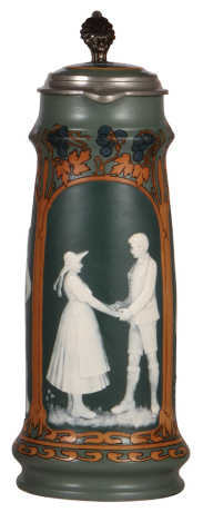 Mettlach stein, 2.0L, 14.4" ht., 2762, cameo, inlaid lid, mint.